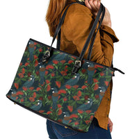 New Zealand Christmas Leather Tote Bag Romantic Tui Birds on Pohutukawa - Cobalt - Polynesian Pride