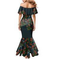 New Zealand Christmas Mermaid Dress Romantic Tui Birds on Pohutukawa - Cobalt - Polynesian Pride