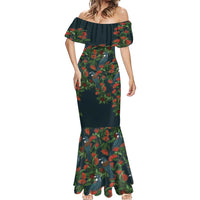 New Zealand Christmas Mermaid Dress Romantic Tui Birds on Pohutukawa - Cobalt - Polynesian Pride