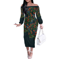 New Zealand Christmas Off The Shoulder Long Sleeve Dress Romantic Tui Birds on Pohutukawa - Cobalt - Polynesian Pride