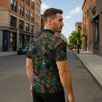 New Zealand Christmas Zipper Polo Shirt Romantic Tui Birds on Pohutukawa - Cobalt LT7 - Polynesian Pride