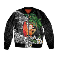 Polynesian Bomber Jacket Tropical Santa - Plumeria Black Vintage LT7 Unisex Black - Polynesian Pride