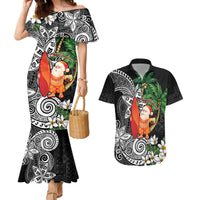 Polynesian Couples Matching Mermaid Dress and Hawaiian Shirt Tropical Santa - Plumeria Black Vintage