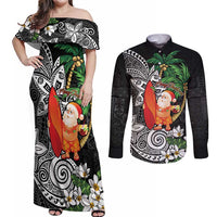 Polynesian Couples Matching Off Shoulder Maxi Dress and Long Sleeve Button Shirt Tropical Santa - Plumeria Black Vintage