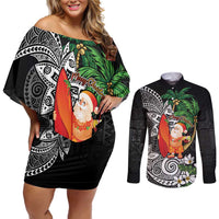Polynesian Couples Matching Off Shoulder Short Dress and Long Sleeve Button Shirt Tropical Santa - Plumeria Black Vintage