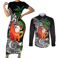 Polynesian Couples Matching Short Sleeve Bodycon Dress and Long Sleeve Button Shirt Tropical Santa - Plumeria Black Vintage
