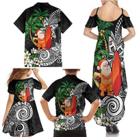 Polynesian Family Matching Summer Maxi Dress and Hawaiian Shirt Tropical Santa - Plumeria Black Vintage