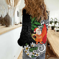 Polynesian Women Casual Shirt Tropical Santa - Plumeria Black Vintage LT7 - Polynesian Pride