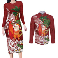 Polynesian Couples Matching Long Sleeve Bodycon Dress and Long Sleeve Button Shirt Tropical Santa - Plumeria Red Vintage