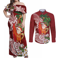 Polynesian Couples Matching Off Shoulder Maxi Dress and Long Sleeve Button Shirt Tropical Santa - Plumeria Red Vintage