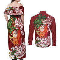 Polynesian Couples Matching Off Shoulder Maxi Dress and Long Sleeve Button Shirt Tropical Santa - Plumeria Red Vintage