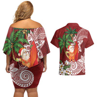 Polynesian Couples Matching Off Shoulder Short Dress and Hawaiian Shirt Tropical Santa - Plumeria Red Vintage