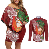 Polynesian Couples Matching Off Shoulder Short Dress and Long Sleeve Button Shirt Tropical Santa - Plumeria Red Vintage