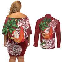 Polynesian Couples Matching Off Shoulder Short Dress and Long Sleeve Button Shirt Tropical Santa - Plumeria Red Vintage