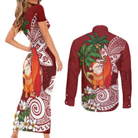 Polynesian Couples Matching Short Sleeve Bodycon Dress and Long Sleeve Button Shirt Tropical Santa - Plumeria Red Vintage