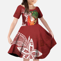 Polynesian Family Matching Off The Shoulder Long Sleeve Dress and Hawaiian Shirt Tropical Santa - Plumeria Red Vintage