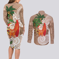 Polynesian Couples Matching Long Sleeve Bodycon Dress and Long Sleeve Button Shirt Tropical Santa - Plumeria Beige Vintage