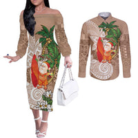 Polynesian Couples Matching Off The Shoulder Long Sleeve Dress and Long Sleeve Button Shirt Tropical Santa - Plumeria Beige Vintage