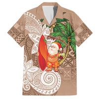 Polynesian Family Matching Off The Shoulder Long Sleeve Dress and Hawaiian Shirt Tropical Santa - Plumeria Beige Vintage