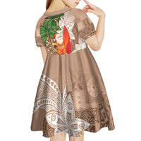 Polynesian Kid Short Sleeve Dress Tropical Santa - Plumeria Beige Vintage LT7 - Polynesian Pride