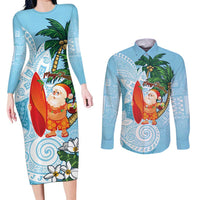 Polynesian Couples Matching Long Sleeve Bodycon Dress and Long Sleeve Button Shirt Tropical Santa - Plumeria Turquoise Vintage