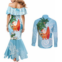 Polynesian Couples Matching Mermaid Dress and Long Sleeve Button Shirt Tropical Santa - Plumeria Turquoise Vintage