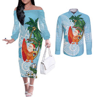 Polynesian Couples Matching Off The Shoulder Long Sleeve Dress and Long Sleeve Button Shirt Tropical Santa - Plumeria Turquoise Vintage