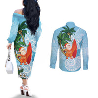 Polynesian Couples Matching Off The Shoulder Long Sleeve Dress and Long Sleeve Button Shirt Tropical Santa - Plumeria Turquoise Vintage