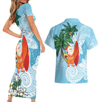 Polynesian Couples Matching Short Sleeve Bodycon Dress and Hawaiian Shirt Tropical Santa - Plumeria Turquoise Vintage