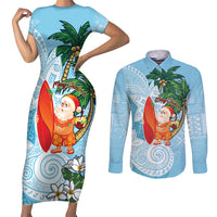 Polynesian Couples Matching Short Sleeve Bodycon Dress and Long Sleeve Button Shirt Tropical Santa - Plumeria Turquoise Vintage