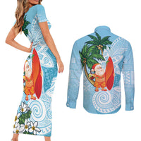 Polynesian Couples Matching Short Sleeve Bodycon Dress and Long Sleeve Button Shirt Tropical Santa - Plumeria Turquoise Vintage