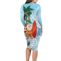 Polynesian Family Matching Long Sleeve Bodycon Dress and Hawaiian Shirt Tropical Santa - Plumeria Turquoise Vintage