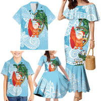 Polynesian Family Matching Mermaid Dress and Hawaiian Shirt Tropical Santa - Plumeria Turquoise Vintage