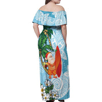 Polynesian Family Matching Off Shoulder Maxi Dress and Hawaiian Shirt Tropical Santa - Plumeria Turquoise Vintage