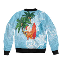 Polynesian Sleeve Zip Bomber Jacket Tropical Santa - Plumeria Turquoise Vintage LT7 - Polynesian Pride