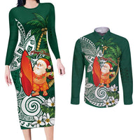 Polynesian Couples Matching Long Sleeve Bodycon Dress and Long Sleeve Button Shirt Tropical Santa - Plumeria Green Vintage