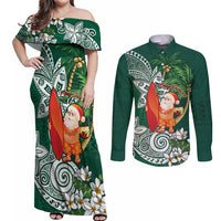 Polynesian Couples Matching Off Shoulder Maxi Dress and Long Sleeve Button Shirt Tropical Santa - Plumeria Green Vintage