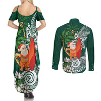 Polynesian Couples Matching Summer Maxi Dress and Long Sleeve Button Shirt Tropical Santa - Plumeria Green Vintage