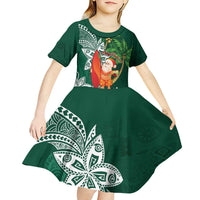 Polynesian Kid Short Sleeve Dress Tropical Santa - Plumeria Green Vintage LT7 - Polynesian Pride
