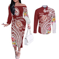 Aloha Hawaii Island Personalized Couples Matching Off The Shoulder Long Sleeve Dress and Long Sleeve Button Shirt Crimson Dreamy Turtle