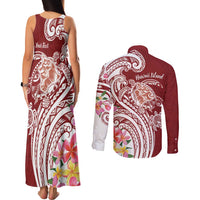 Aloha Hawaii Island Personalized Couples Matching Tank Maxi Dress and Long Sleeve Button Shirt Crimson Dreamy Turtle