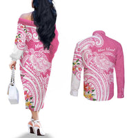Aloha Maui Island Personalized Couples Matching Off The Shoulder Long Sleeve Dress and Long Sleeve Button Shirt Rose Dreamy Turtle LT7 - Polynesian Pride