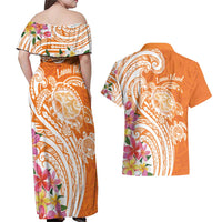 Aloha Lanai Island Personalized Couples Matching Off Shoulder Maxi Dress and Hawaiian Shirt Orange Dreamy Turtle