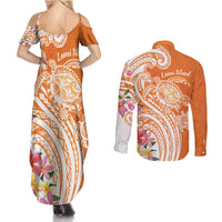 Aloha Lanai Island Personalized Couples Matching Summer Maxi Dress and Long Sleeve Button Shirt Orange Dreamy Turtle