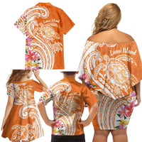 Aloha Lanai Island Personalized Family Matching Off Shoulder Short Dress and Hawaiian Shirt Orange Dreamy Turtle
