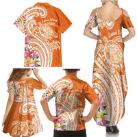 Aloha Lanai Island Personalized Family Matching Summer Maxi Dress and Hawaiian Shirt Orange Dreamy Turtle