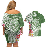 Aloha Molokai Island Personalized Couples Matching Off Shoulder Short Dress and Hawaiian Shirt Sage Dreamy Turtle
