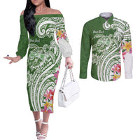 Aloha Molokai Island Personalized Couples Matching Off The Shoulder Long Sleeve Dress and Long Sleeve Button Shirt Sage Dreamy Turtle LT7 Sage Green - Polynesian Pride