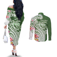 Aloha Molokai Island Personalized Couples Matching Off The Shoulder Long Sleeve Dress and Long Sleeve Button Shirt Sage Dreamy Turtle LT7 - Polynesian Pride