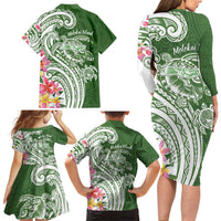 Aloha Molokai Island Personalized Family Matching Long Sleeve Bodycon Dress and Hawaiian Shirt Sage Dreamy Turtle